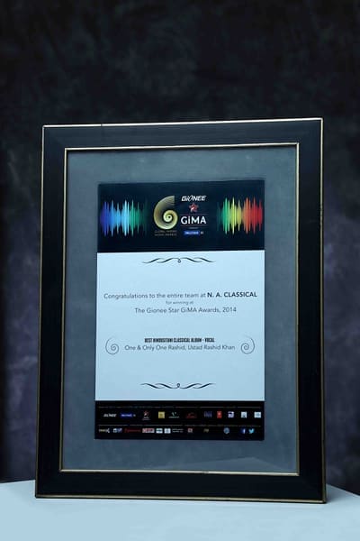 GiMA Awards 2014 certificate: Best Hindustani Classical Album - Vocal, One & Only One Rashid by Ustad Rashid Khan (N A C