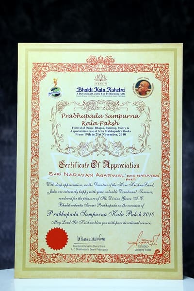 Certificate of Appreciation, Prabhupada Sampurna Kala Paksh, ISKCON Bhakti Kala Kshetra, 19 to 21 November 2010.